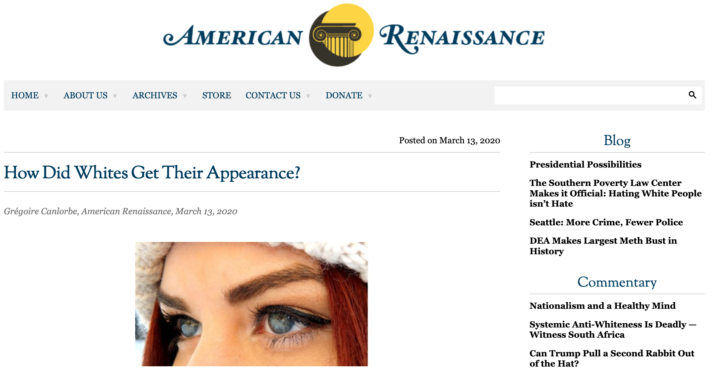 A screenshot of the article "How Did Whites Get Their Appearance" on the American Renaissance website, featuring an image of a white woman with red hair and blue eyes.
