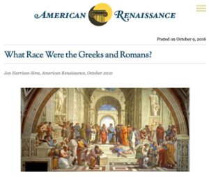 A screenshot of the beginning of the article "What Rece Were the Greeks and Romans?" featuring a large image of Raphael’s painting "The School of Athens."