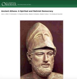 A screenshot of the article "Ancient Athens: A Spirited and Nativist Democracy" featuring a large photograph of the head of a state of a Greek soldier.