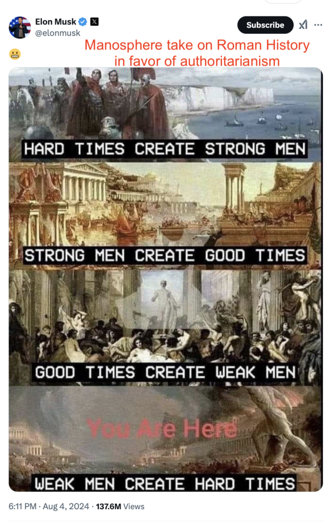 Elon Musk tweet with a meme commenting on societal downfall. Broken up into four paintings depicting time progressing throughout Roman history, with the caption "Hard times create strong men... Strong men create good times.... Good times create weak men... Weak men create hard times. You are here". Pharos comment says "Manosphere take on Roman History in favor of authoritarianism". 