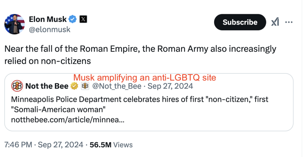 Elon Musk tweet writes, "Near the fall of the Roman Empire, the Roman Army also increasingly relied on non-citizens", in response to Not the Bee’s tweet that says "Minneapolis Police Department celebrates hires of first "non-citizen," first "Somali-American woman". The Pharos comment says "Musk amplifying an anti-LGBTQ site". 