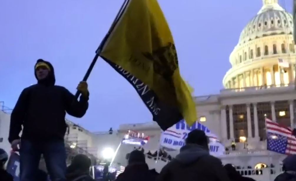 A screenshot from the Washington Post’s livestream showing a man standing in front of the Capitol. He holds two flags: a Gadsen Flag, and, partially obscured behind it, a black flag bearing the text "Molon Labe."
