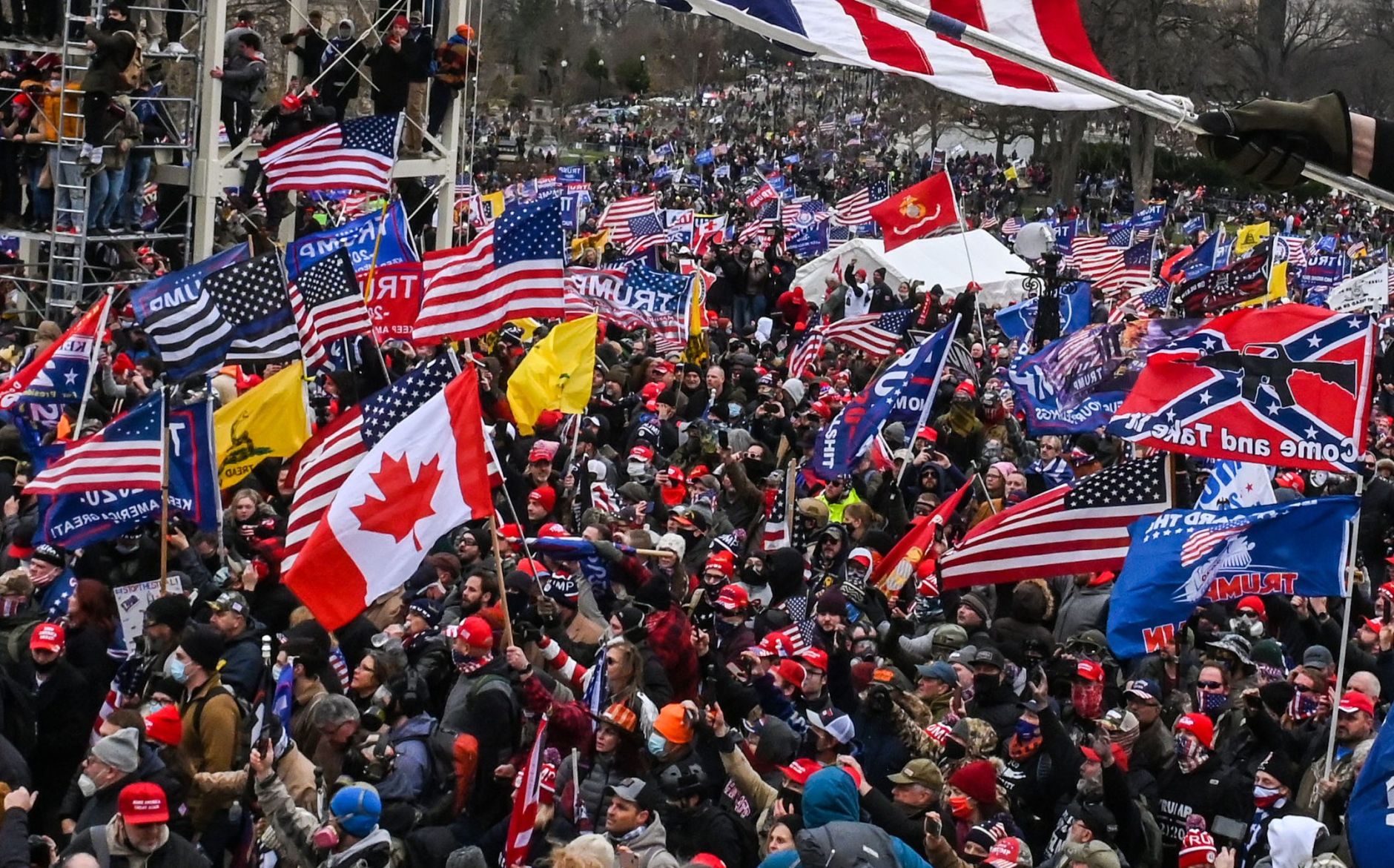 A photo of the crowd of rioters from January 6th. Many flags are visible, including one confederate flag emblazoned with the silouhette of an AR-15 and the text "Come and Take It."